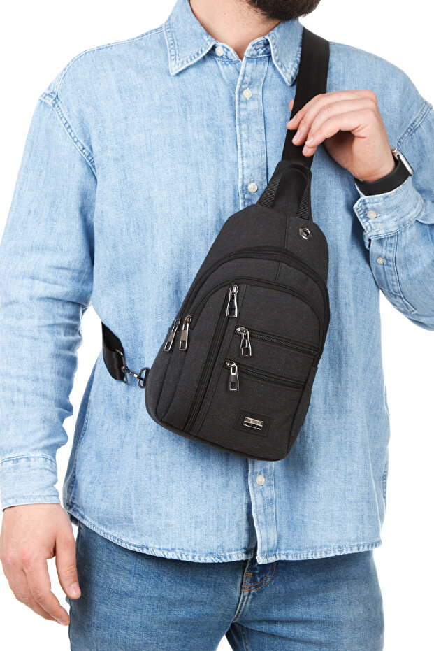 Unisex Black Shoulder Bag Waterproof Canvas Fabric Body Bag Double Sided Crossbody Messenger Bag