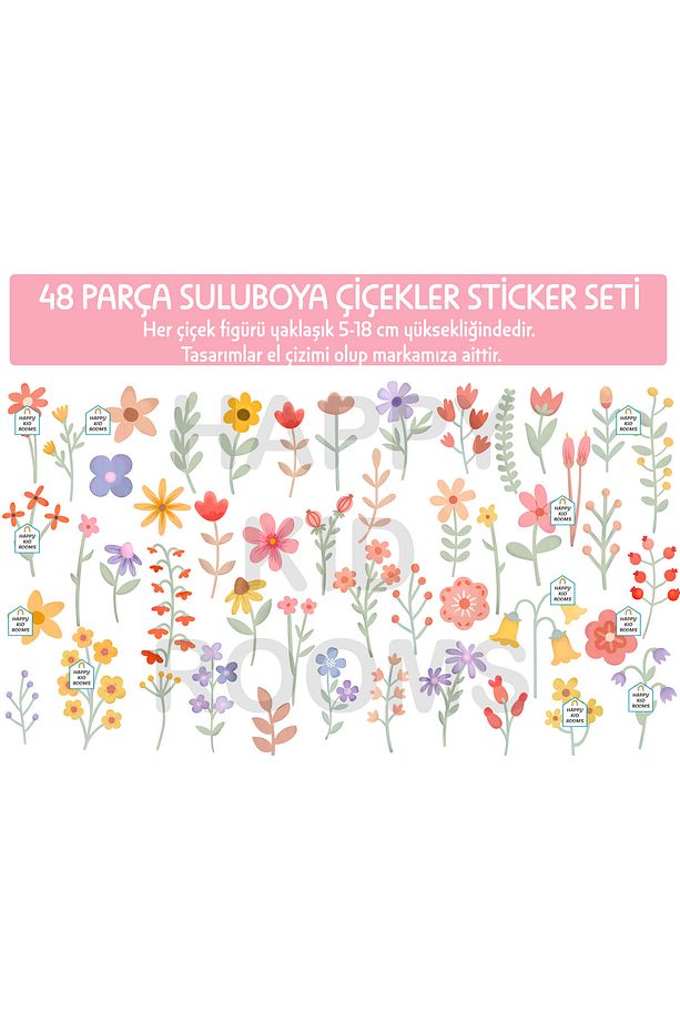 Suluboya Bahar Çiçekleri Bebek ve Çocuk Odası Duvar Seti - 3