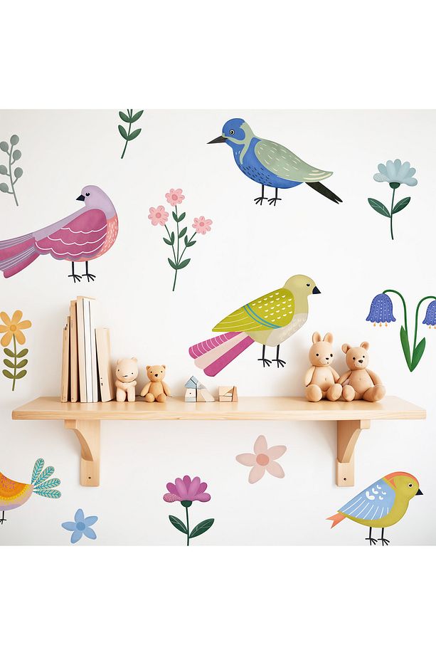 Suluboya Tropikal Kuşlar ve Çiçekler Çocuk Odası Duvar Sticker Seti - 2