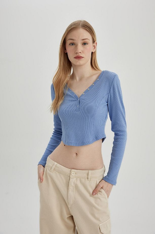 Coool Fitted V Yaka Crop Fitilli Kaşkorse Uzun Kollu Tişört C4399ax24sp - 3