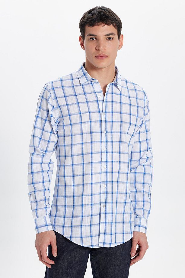 Erkek Slim Fit Dar Kesim %100 Pamuk Keten Doku Kareli Gömlek - 1