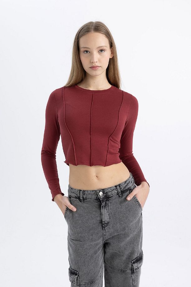 Coool Fitted Bisiklet Yaka Basic Düz Crop Uzun Kollu Tişört C4469ax24sp - 6