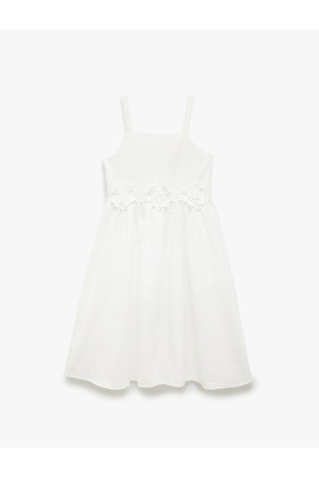 White Girls' Cotton Brode Detailed Pleated Strap Dress