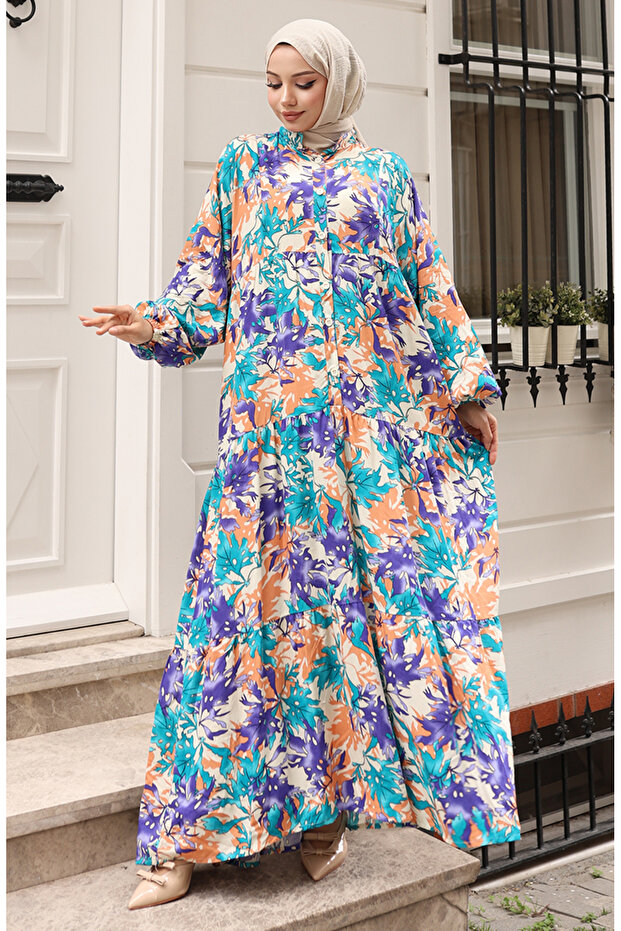 Alaçatı Pattern Buttoned Dress 2021-02 Purple Green