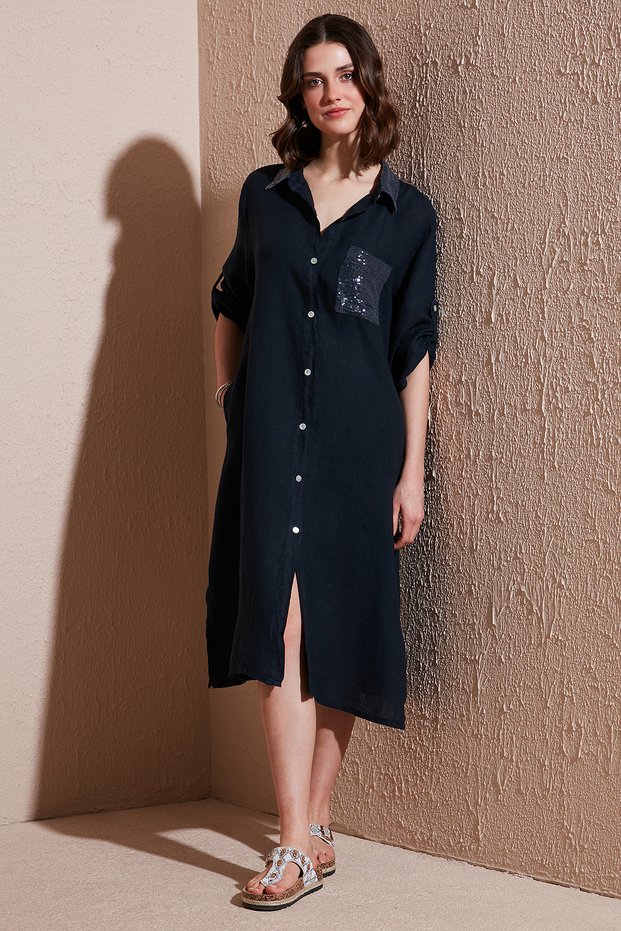 Regular Fit Three Quarter Sleeve Midi Linen Dress Dress 6689194