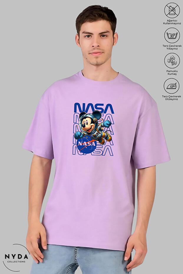 Unisex Crew Neck Nasa Mickey Mouse Printed Cotton Oversize Short Sleeve T-Shirt