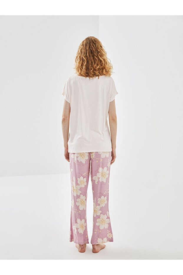 Bisiklet Yaka Çiçekli Kadın Pijama Takımı - 4