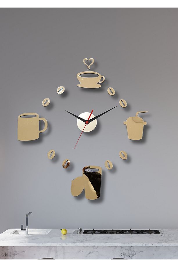 Gold Pleksi Kahve Çay Fincan Duvar Saati - Mutfak Cafe Kahve Köşesi Için Mdf 50x50 Cm Tablo Saat - 2
