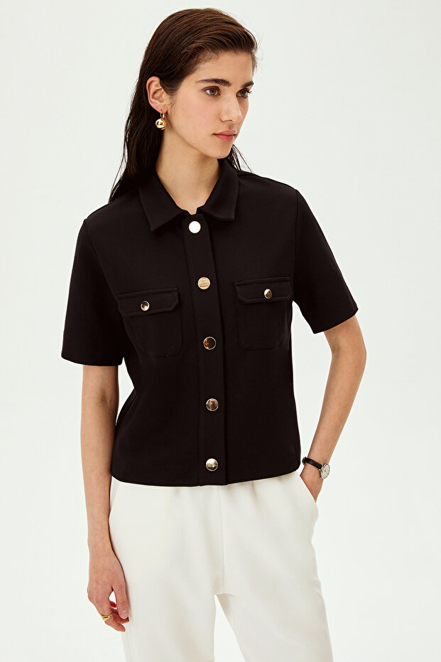 Shirt Collar Snap Fastener Straight Cut Comfortable Fit Knitted T-Shirt