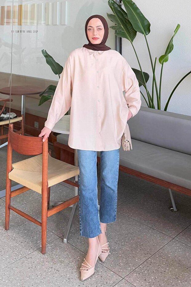 Tree Bark Textured Cotton Hijab Shirt Stone