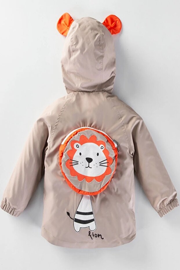 Children-Baby Coat Raincoat with Cute Lion Figure, Backpack, Cotton Lining, Ears, Hood