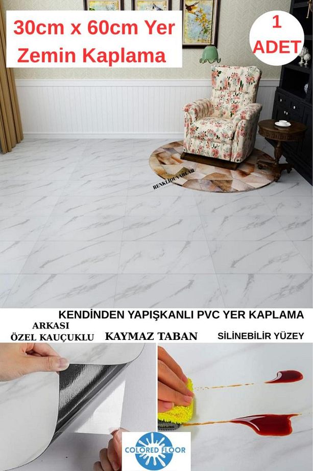30cm x 60cm 1 Adet Yapışkanlı Floor Pvc Panel Yer Zemin Kaplama Paneli Arkası Kauçuklu Banyo Mutfak - 1