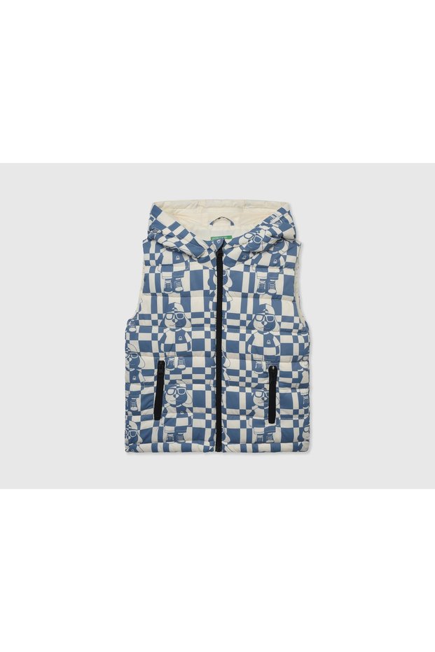 Boy's Blue White Mix Patterned and Hooded Vest