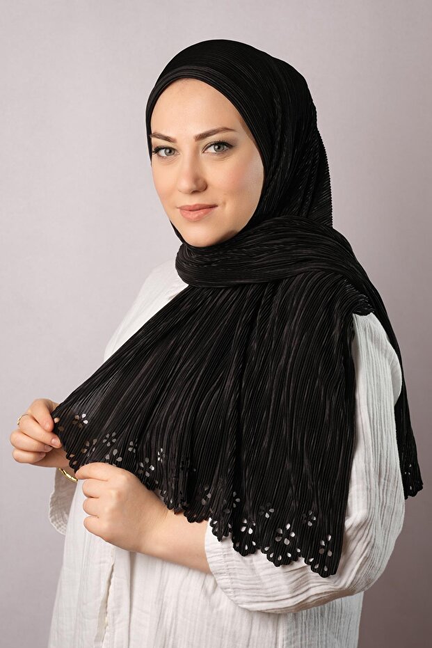 وشاح حجاب متشابك عملي أسود اللون Fukuro مطوي زهرة منقوشة قطع ليزر 1819_01