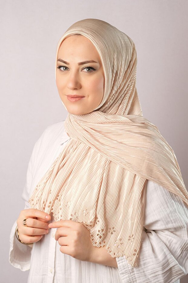 Beige Practical Ready-made Interlocking Hijab Scarf Fukuro Pleated Flower Patterned Laser Cut 1819_12