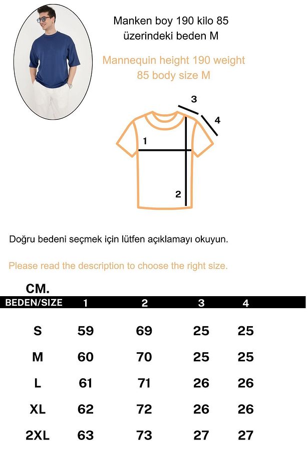 Kalın Dalgıç Kumaş Bisiklet Yaka Oversize Erkek Tişört Mavi - 4
