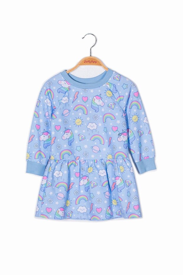 Kız Çocuk Unicorn Baskılı Uzun Kollu Örme Elbise - 2
