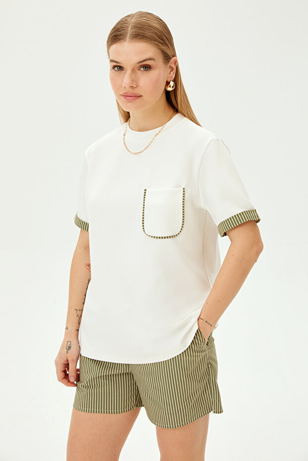 Crew Neck Pocket Detailed Striped Comfortable Fit Knitted T-Shirt