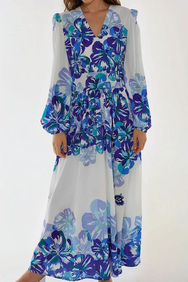 V Yaka Desenli Modest Elbise - 1