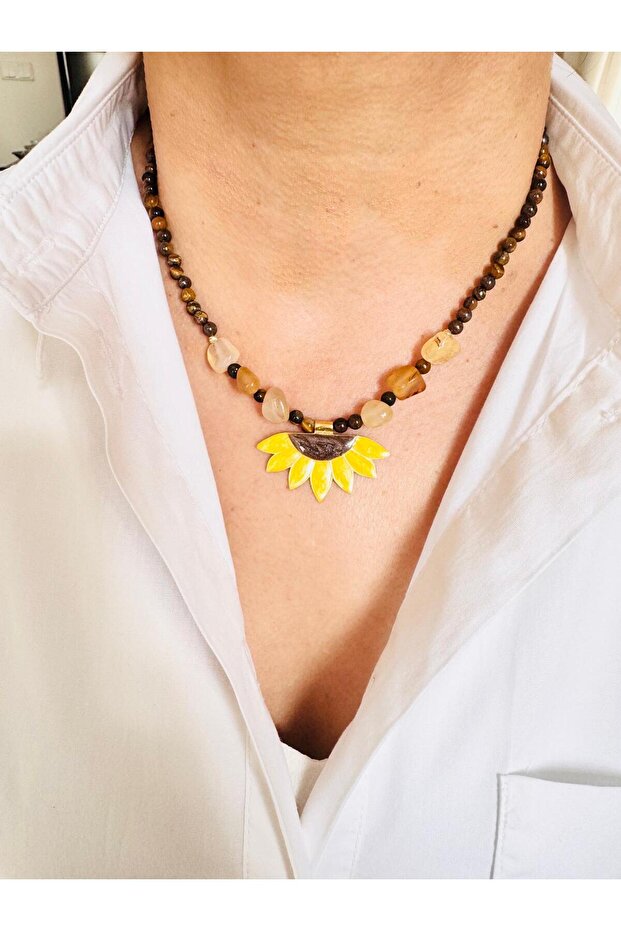 Sunflower Tiger Eye Natural Stone Necklace 43 cm