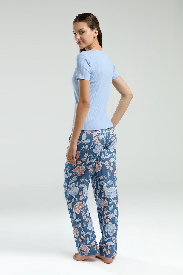 Kadın Mavi Çiçek Desenli Kısa Kollu Pijama Takımı R.O.3.0.Z.E.0.0..L.T. - 4