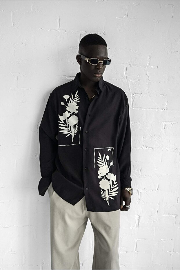 Men's Textured Printed Oversize Casual Shirt Black