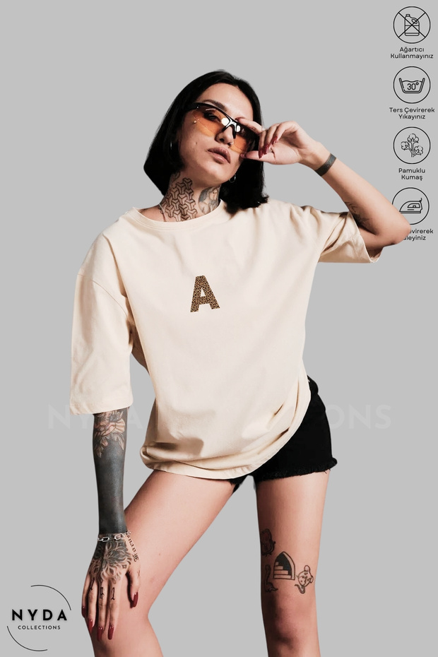 Women's Crew Neck Leopard a Letter Printed Cotton Oversize Short Sleeve T-Shirt