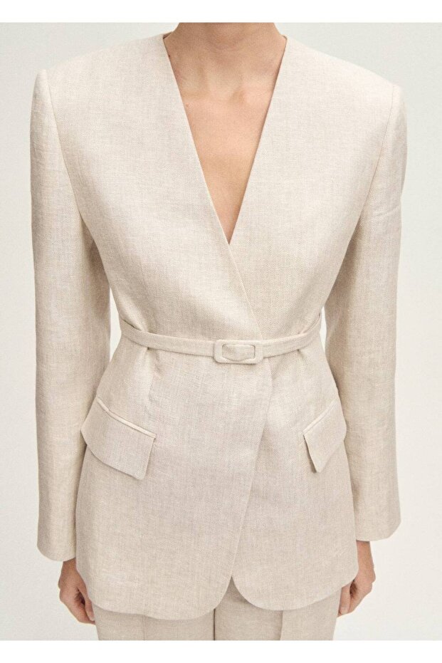Kemerli keten blazer ceket - 6