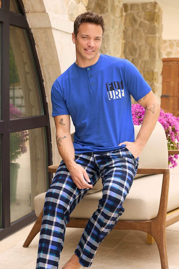 Koyu Mavi Ekose Future Desenli Kısa Kollu Erkek Pijama Takımı - 5