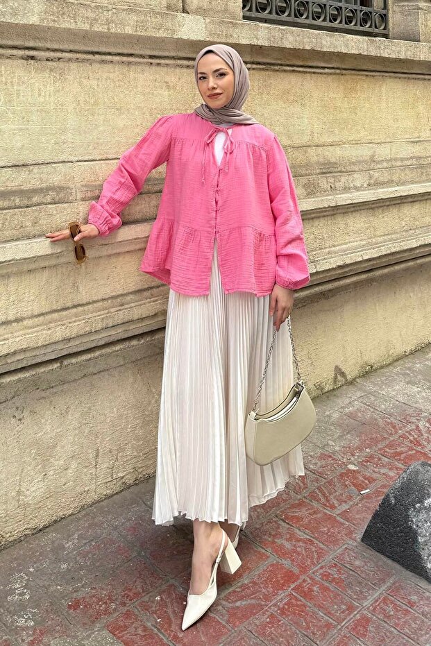 V-Neck Muslim Hijab Shirt with Elastic Sleeves Pink