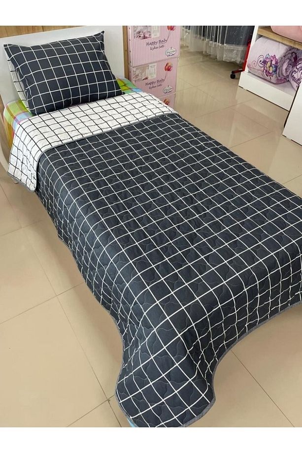 Çift Taraflı Tek Kişilik Kapitone Yatak Örtüsü Takımı Kare Antrasit Beyaz - 1
