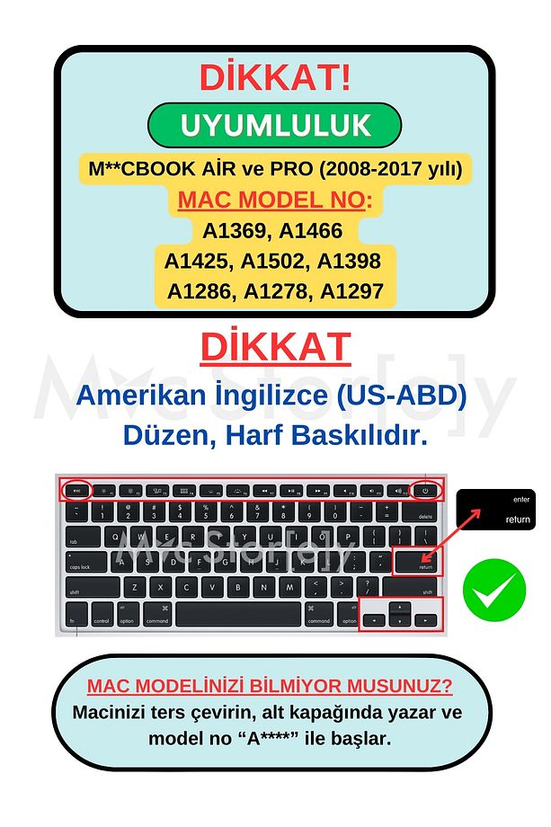 Macbook Kılıf Klavye Air Pro Koruyucu Ingilizce Baskı (US-ABD) (ESKİ USB'Lİ MODEL 2008-2017) Uyumlu - 2