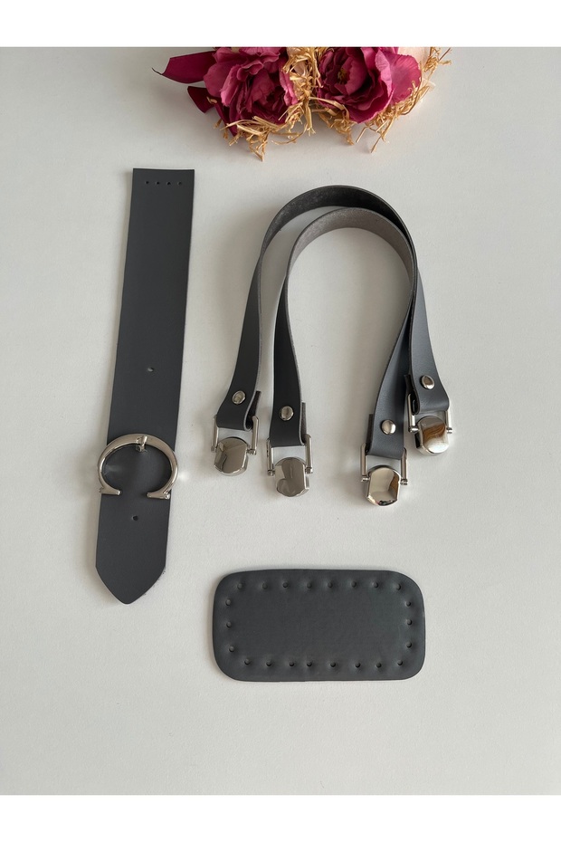 Silver Color Detailed Leather Handle, Cover, Base Set for Knitted Bags