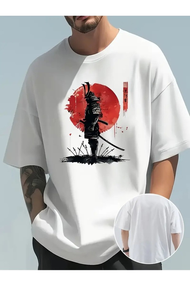 Samurai Print with Men's Cotton Casual Crew Neck Sweatshirts, Wide Fitting Short Sleeved T-Shirt