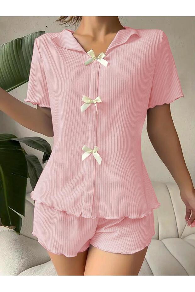 V-Neck Powder Pink Cotton Bow Detailed Pajama Set