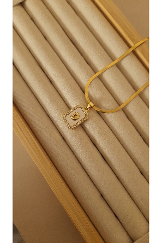 KARARMAZ ÇELİK ZİRKON TAŞLI MİNİMAL KADIN D HARFLİ ÇELİK KOLYE - 1