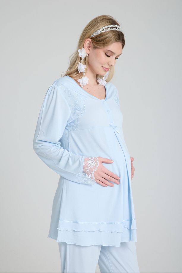 2'li Lohusa Pijama Takımı Alt Üst Emzirme Özellikli Pamuklu Hamile Giyim Seti - 3