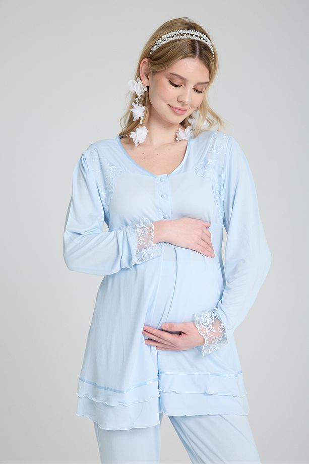 2'li Lohusa Pijama Takımı Alt Üst Emzirme Özellikli Pamuklu Hamile Giyim Seti - 4