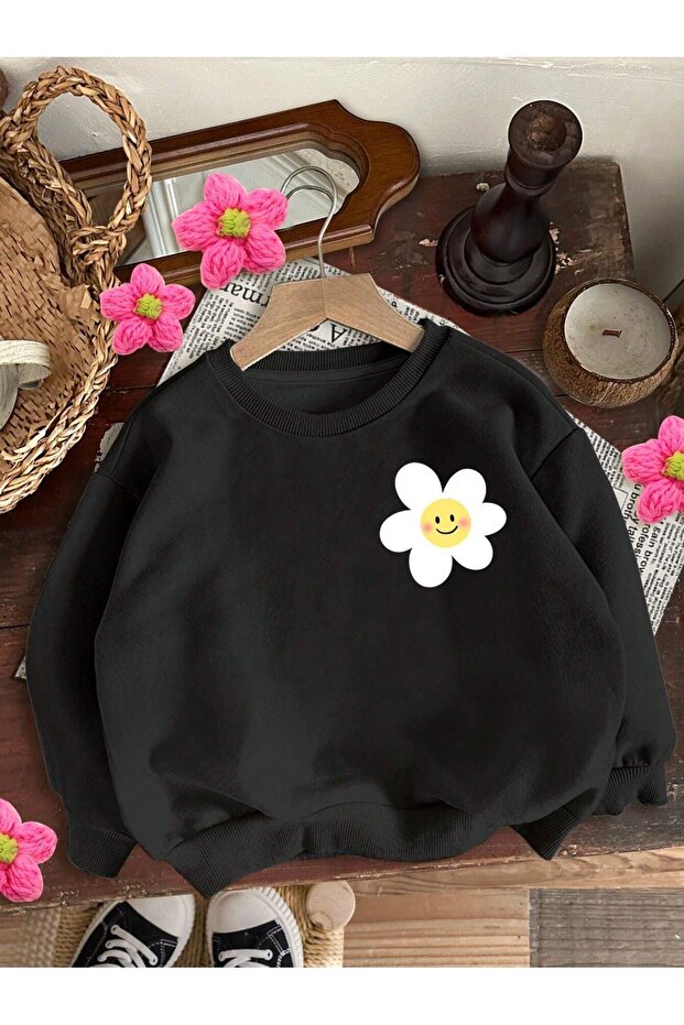 Daisy Printed Cotton Kids Sweatshirt - Black Printed Girls Boys Winter Crew Neck