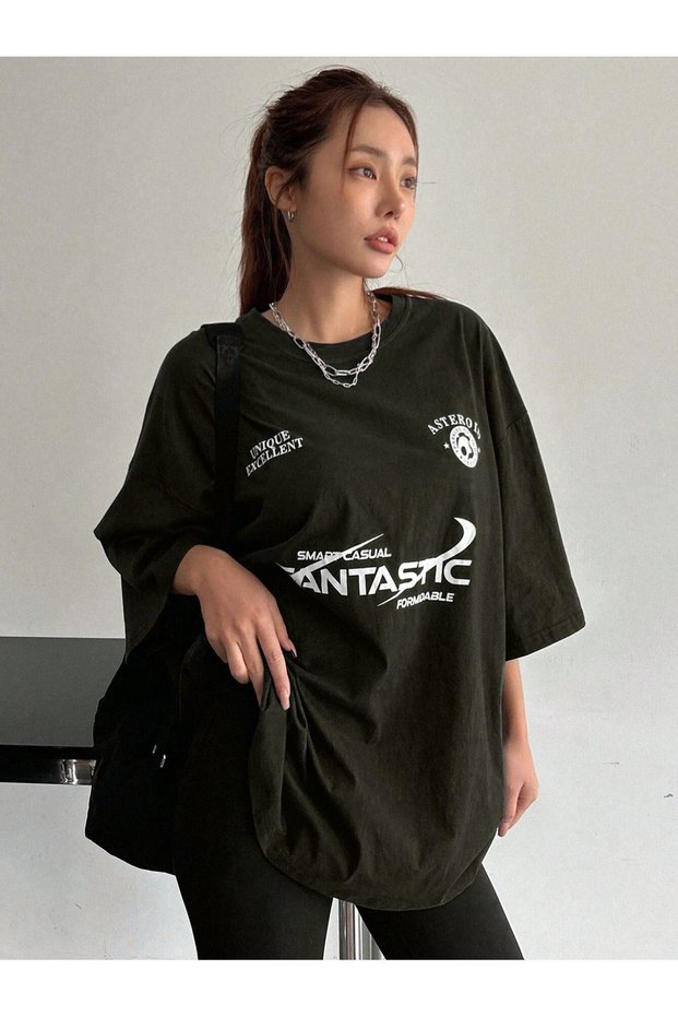 Fantastic Single Jersey T-Shirt - Black Printed Oversize Crew Neck T-Shirt