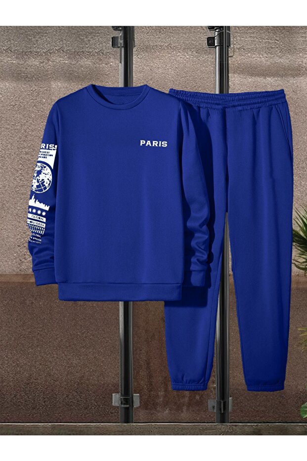 طقم رياضي باريس ويب سويت شيرت Jogger - ساكس أزرق مطبوع كبير الحجم برقبة دائرية