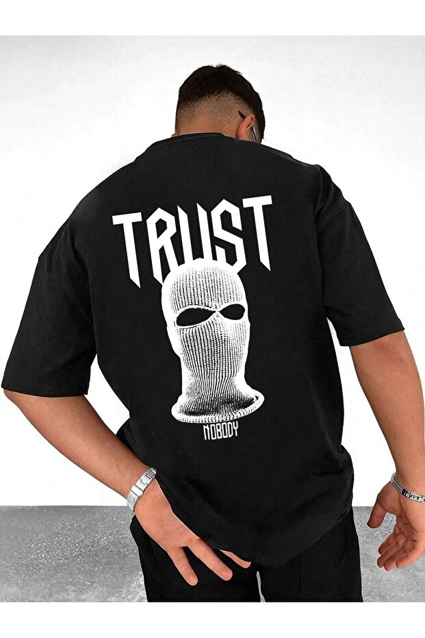 Trust Nobody Single Jersey T-Shirt - Black Printed Oversize Crew Neck T-Shirt