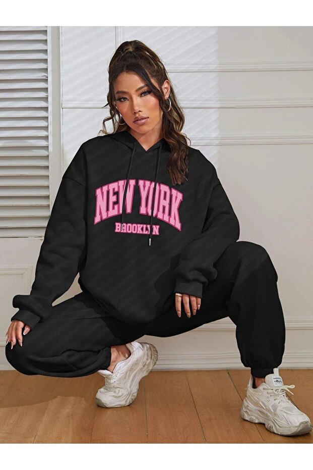 New York Brooklyn Combination Bottom Top Tracksuit Set - Black Printed Oversize Rubber Leg Hooded