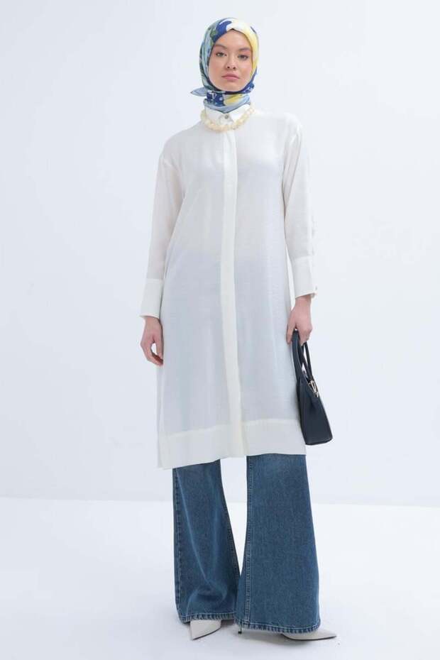 Ekru-Taş Düğmeli Uzun Modal Gömlek - 2