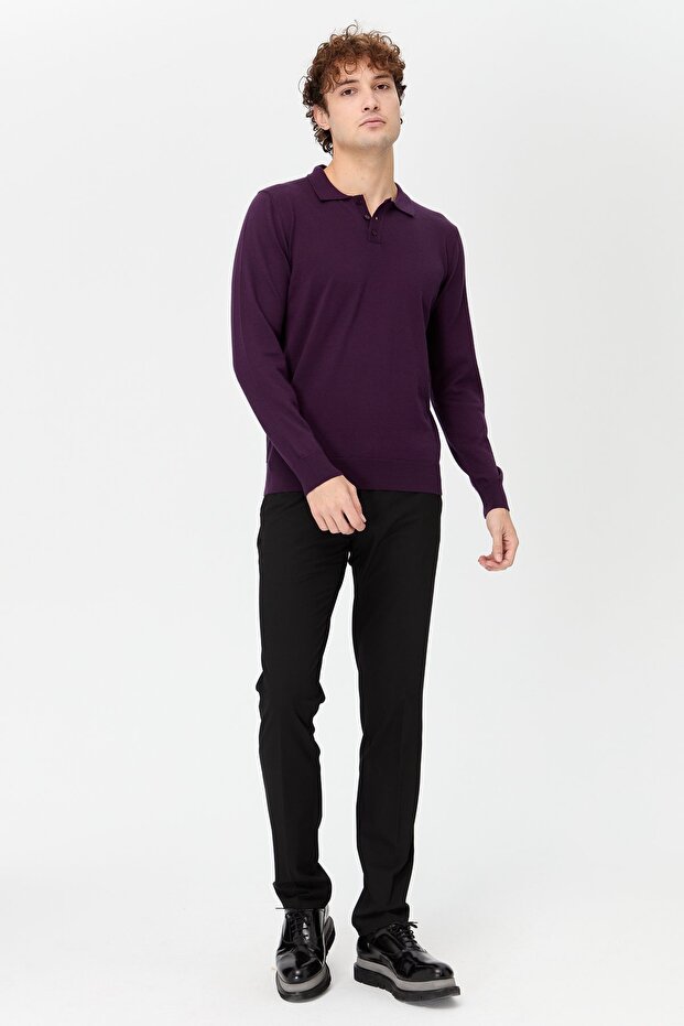 Men's Basic Polo Neck Fine Knitwear Sweater Red Purple