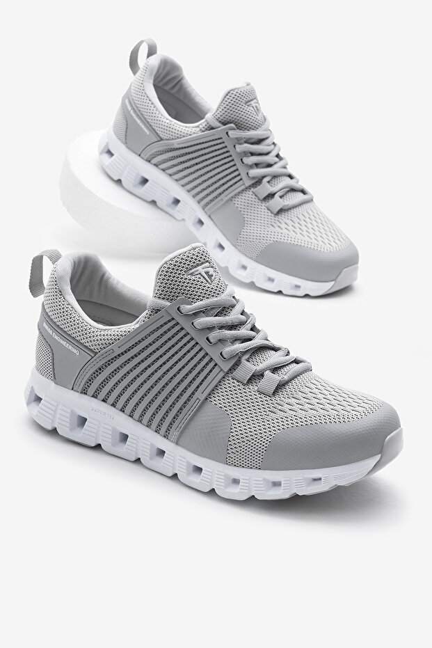 Unisex Gray Design Thermo Sole Striped Breathable Fabric Lace-Up Sneakers