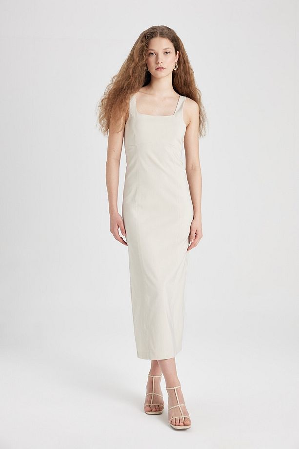 Bodycon Vücudu Saran Basic Düz Kare Yaka Askılı Maxi Elbise C5027ax24sp - 2