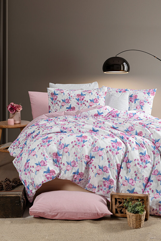 Double Duvet Cover Set with Fitted Sheet Roseto-Dusty Rose