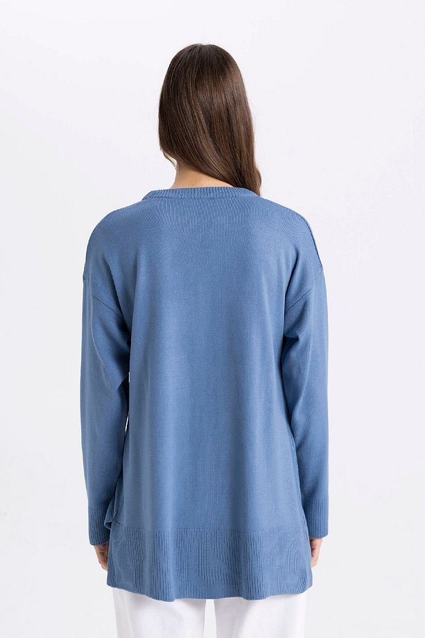 Regular Fit Bisiklet Yaka Yandan Yırtmaçlı Basic Düz Triko Kazak Tunik C5165ax24au - 6