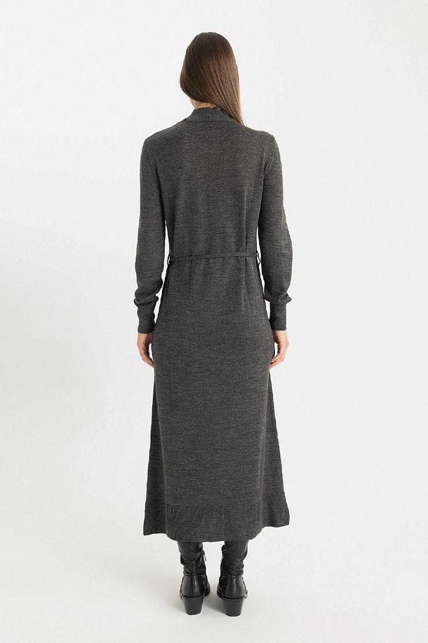 Regular Fit Yarım Balıkçı Yaka Basic Düz Yırtmaçlı Uzun Kollu Maxi Triko Elbise A9807ax24wn - 5